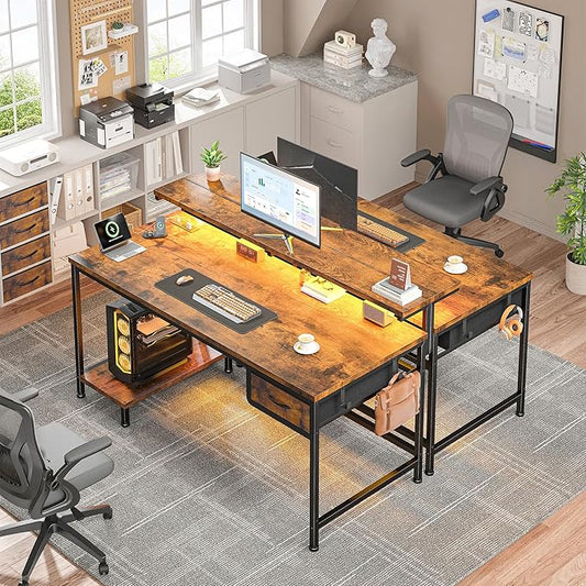 DurayLoly 39.3Inch Office Desk with Power Outlet & Drawer, Gaming Desk with CPU Stand& LED Lights,Computer Desk with Ergonomic Monitor Stand for Small Space,Rustic Brown