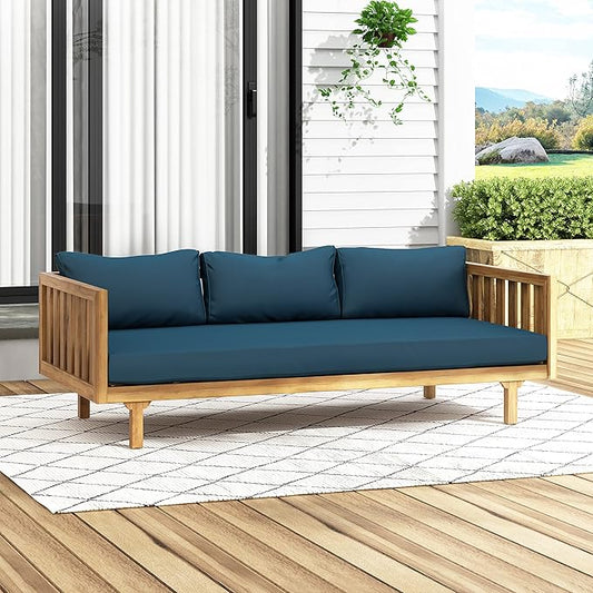 Claremont Outdoor 3 Seater Daybed with Cushions - Acacia Wood - Teak/Dark Teal