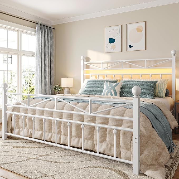 EnHomee Metal King Bed Frame,Tall Headboard & LED Light,Noise-Free,White | Heavy-duty supports 883lbs,12.7"Under-bed storage space for apartment & dorm,No box spring needed,Easy assembly