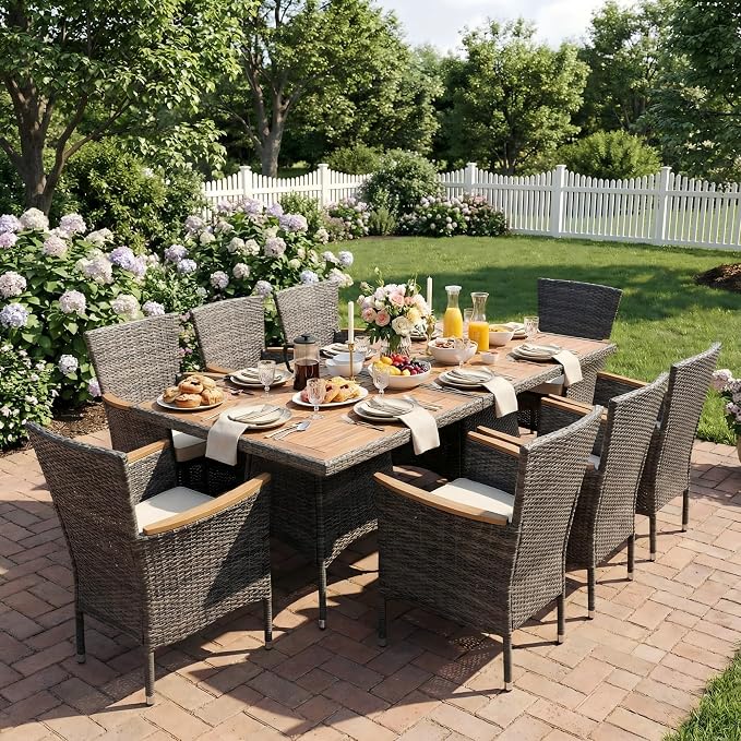 Wisteria Lane 10-Pieces Outdoor Patio Table and Chairs, Rattan Patio Table Set with Acacia Wood Tabletop, Patio Dining Furniture Set for 8 with Removable Cushions for Deck Garden Backyard, Grey