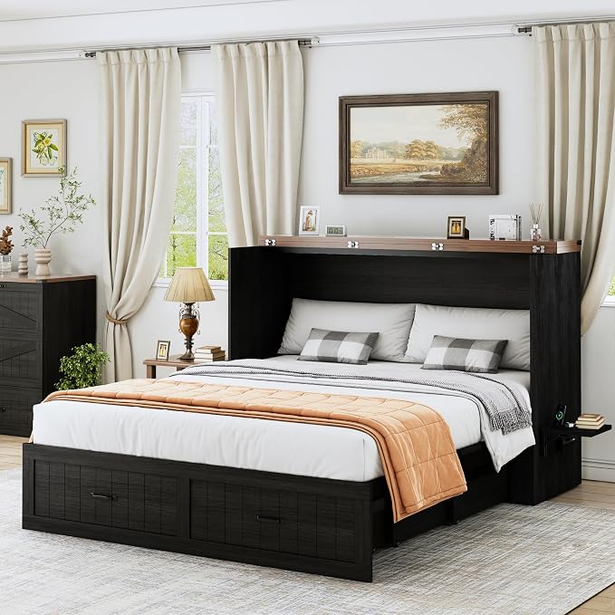 Queen Murphy Bed with Charging Station, Farmhouse Noisy-Free Foldable Cabinet Bed Frame with Storage Drawer, Space Saving Hideaway Wall Bed for Guest Bedroom, Living Room, Office, Black
