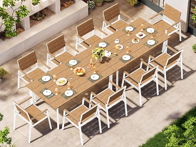 Outdoor Dining Set for 10, Aluminum Patio Table and Chairs Set with Umbrella Hole, 12 Pieces HDPS Outdoor Furniture Sets for Patio, Garden (White & Teak)