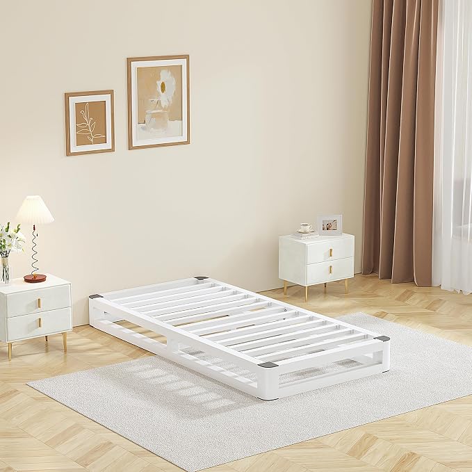 6 Inch Twin Bed Frames with Rounded Corner and Squeak Free U-Slot Design, Metal Platform Bed Frames 6 Non-Slip Guards, 3500lbs Heavy Duty Steel Slat Support, No Box Spring Needed, White