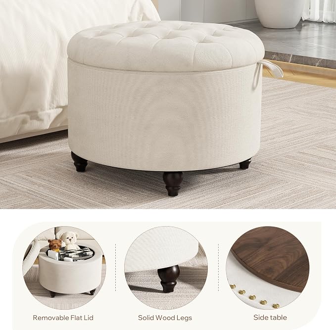24 Inch Round Storage Ottoman,Modern Tufted Ottomans,Circular Coffee Table with Removable Top,Upholstered Large Ottoman with Storage Footrest Stool for Bedroom Living Room (White)