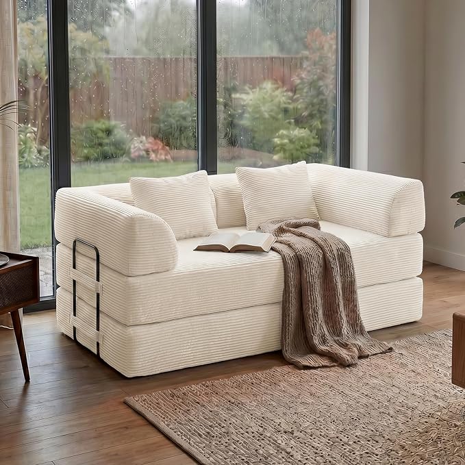 59“ Convertible Floor Sofa Bed, 5-in-1 Futon Sofa Bed Modular Sleeper Couch, Corduroy Pull Out Loveseat with Curved Armrest, Boneless Couches for Living Room, No Assembly Required, Beige White