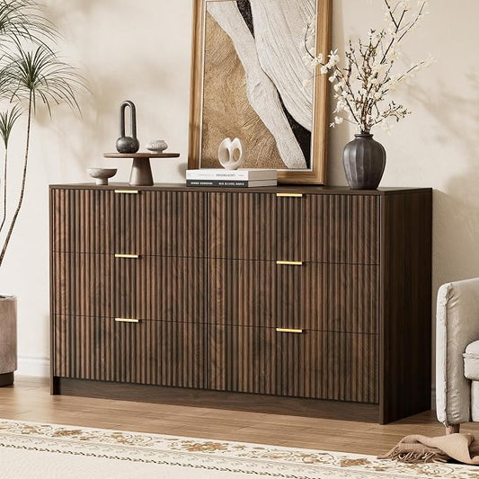 Furniway 3 Piece Bedroom Set, 6 Drawer Dresser and 3-Drawer Nightstand Set of 2 with Gold Handles, Mid-Century Modern Wood Chest of Drawers Storage Cabinet for Bedroom, Walnut