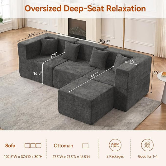 MONVANE 103'' Modular Sectional Sofa, Comfy Chenille Cloud Couch with Ottoman, Modern Convertible L Shaped Couch with Deep Seat, Sectional Couches for Living Room, Bedroom and Apartment, Grey