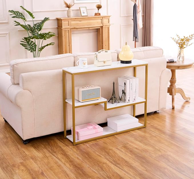 loglus Console Table for Entryway, Faux Marble MDF Sofa Table with Golden Frame, White Marble, 9.45" D x 38.18" W x 31.22" H