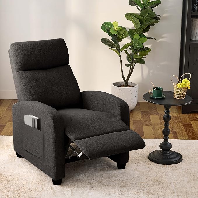 Recliner Chair for Living Room, Modern Adjustable Home Theater Seating Single Sofa Manual Push Back Armchair with Soft Linen Upholstery & High Backrest for Small Spaces, Linen-Black