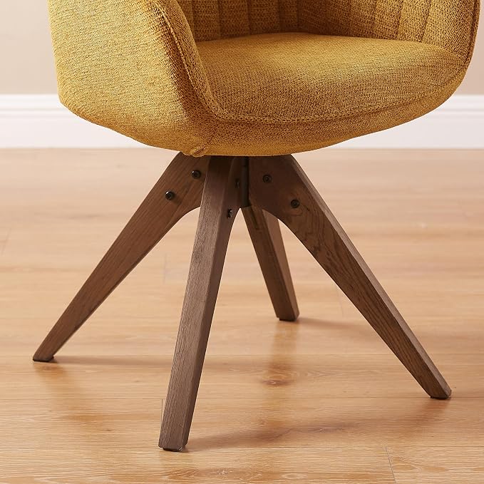 Art Leon Desk Chair No Wheels - Mid Century Modern Office Chair, Swivel Accent Chair with Oak Wood Legs, Fabric Upholstered Arm Chair, Yellow