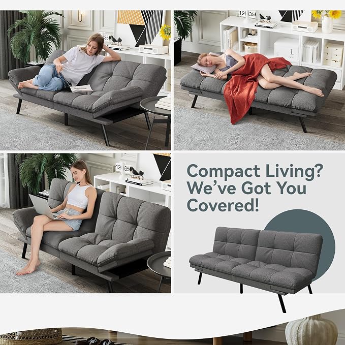 Futon Sofa Bed Convertible Couch, Grey Linen Sofa Bed with Memory Foam, Adjustable Backrest & Armrests, Multifunctional Small Loveseat Sleeper Sofa for Living Room, Apartment, Office