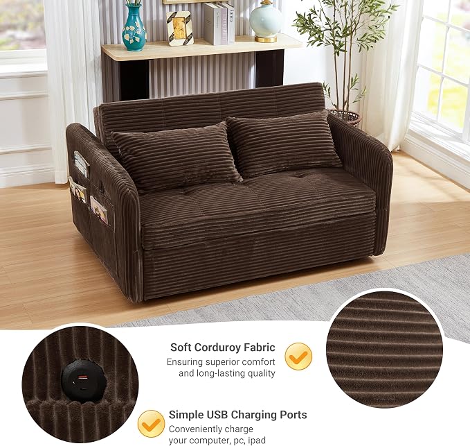 55.5" Corduroy Convertible Sofa Bed, Pull Out Sleeper Sofa Bed, Loveseat Couch with USB Charging Ports, 3 in 1 Convertible Sleeper Sofa Bed for Living Room, Apartment, Bedroom, RV, Brown