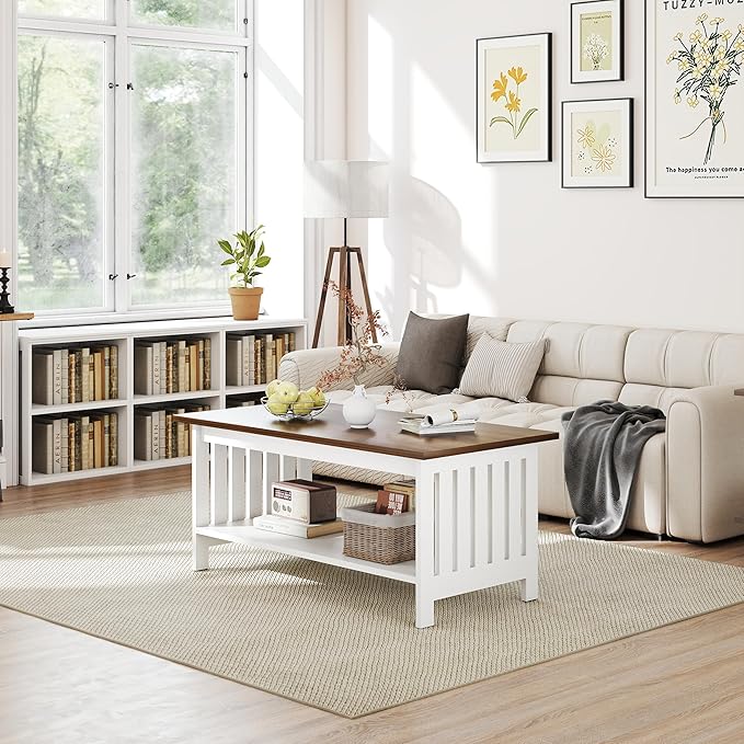 YOSHOOT 39.4" Farmhouse Coffee Table, Small Coffee Tables for Living Room | White, 2 Tier Coffee Table with Storage, Tea Table for Living Room Bedroom Small Space