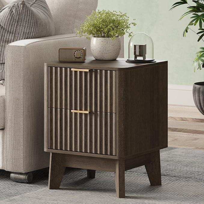 Fluted Nightstand Set of 2, Modern End Table with Metal Handle,2 Storage Drawers Side Table,Bedside Table for Bedroom,Wood Nightstands,Curved Profile Design Furnitue, Walnut