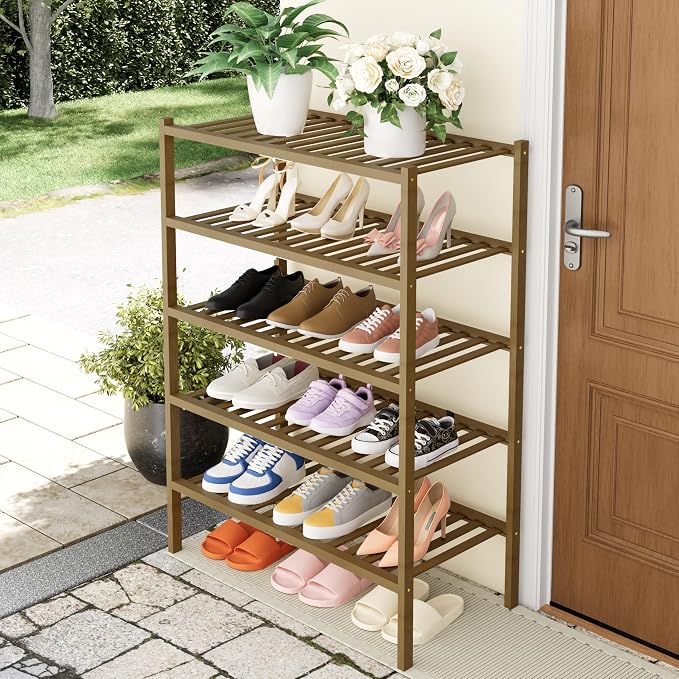 Smiry Bamboo Shoe Rack, 5 Tier Free Standing Wooden Shoe Organizer, Stackable Wood Shoe Storage Shelf for Closet, Entryway, 14 Vertical Slats, 2+2+1 Stack Heavy-Duty Legs, 26.8"x11"x32.5", Walnut