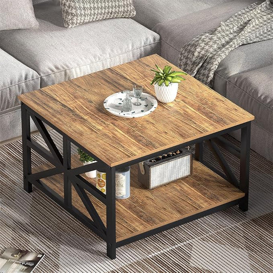 GreenForest Rustic Living Room Coffee Table with 2 Tier Storage | X Metal Frame Square Center Table with Seamless One-Piece Tabletop,27.55 inch Sofa Table,Scratch-resistant,Walnut