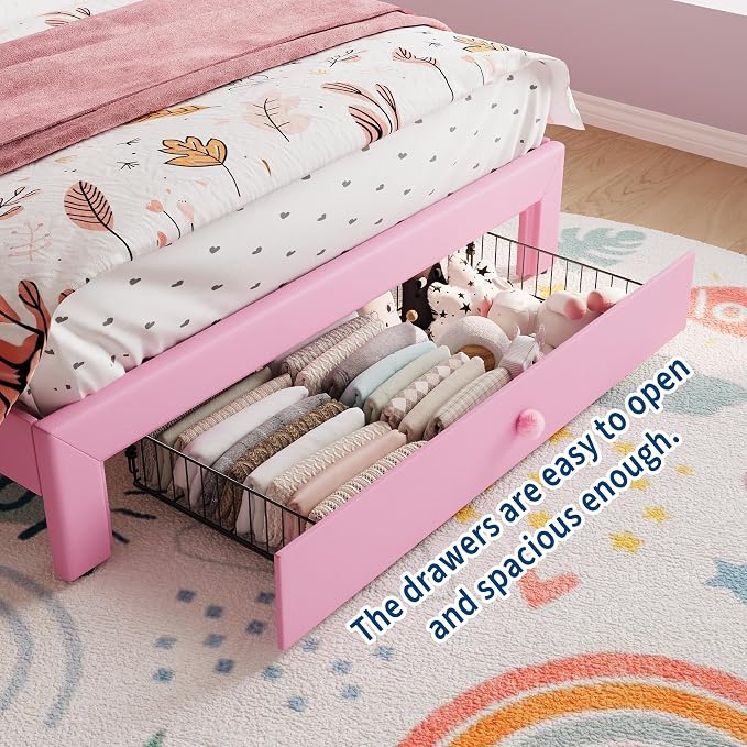 Garvee Twin XL Size Bed Frame with LED Lights & Velvet Crystal Button Headboard, Upholstered Boy Platform Bed with Storage Drawer, Noise Free, No Box Spring Needed for Kids, Teens, Pink