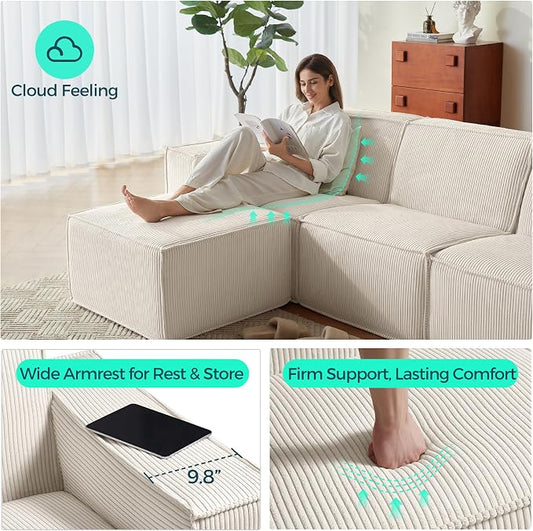 LINSY HOME Modular Sectional Sofa Sets, 105" Boneless 3-Seat Sofa Bed, Large Corduroy Sectional Cloud Couches for Living Room, No Assembly Required, Beige