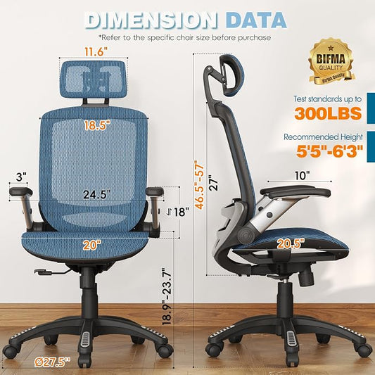 GABRYLLY Ergonomic Office Chair, High Back Mesh Desk Chair with Adjustable Headrest, Flip-Up Arms, 90-120° Tilt Lock, Lumbar Support and Comfy Seat, Swivel Computer Task Chair, Blue
