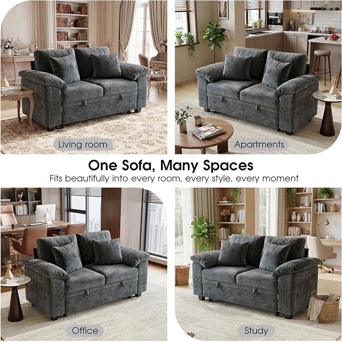 WorthFurni 61” Pull Out Couch, 2 in 1 Sleeper Sofa Bed with Throw Pillow, Convertible Small Loveseat Sleeper Couch for Living Room, Bedroom, Apartment (Gray)