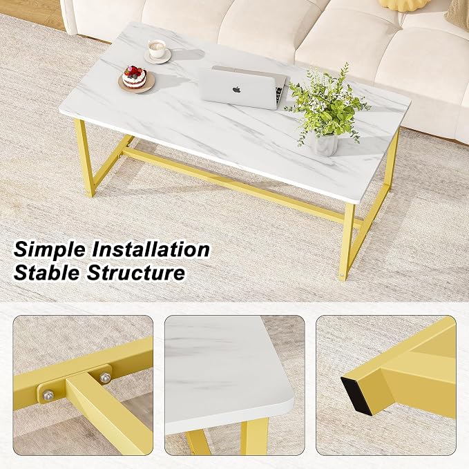 35.4" Rectangular Coffee Table, Modern Industrial Style Coffee Table Center Table with Metal Frame for Small Space Living Room, Apartment, Office, Easy Assembly, White