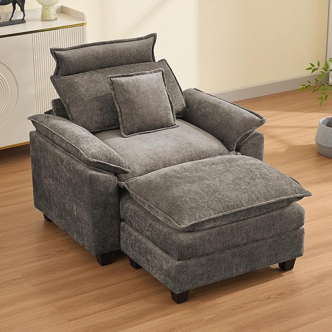 46''Cloud Oversized Sofa Chair with Detachable Headrest, Upholstered Comfy Arm Accent Chair with Ottoman,Modern Chenille Reading Lounge Armchair for Living Room,Bedroom, Brown