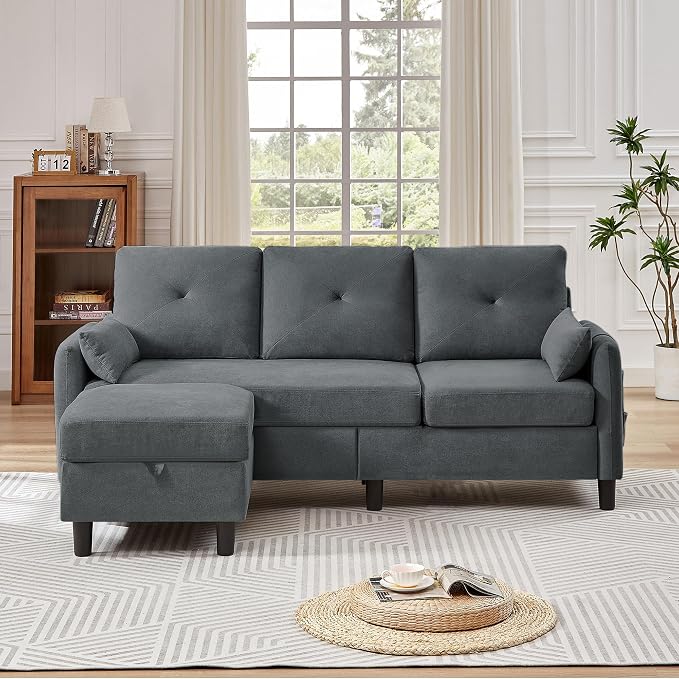Convertible L-Shaped Sectional Sofa, 3-Seat Sofa Couches with Storage Ottoman & 2 Pillows and Side Storage Pockage, Small Modern Couch for Living Room, Apartment and Office, Dark Grey