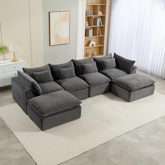 Boneless Couch Sectional Sofas Cloud Couches for Living Room | 130'' Modern Modular Cloud Sofa with Pillows and Ottoman for Bedroom