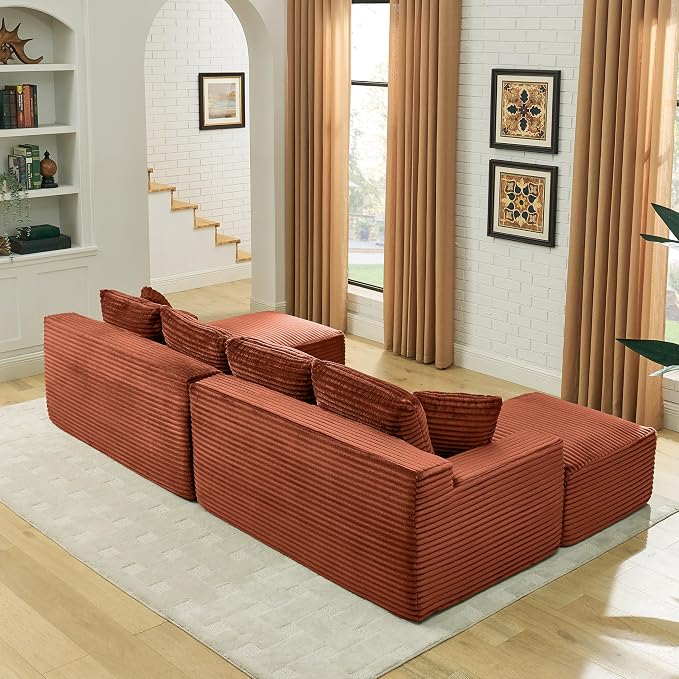 115" U-Shaped Cloud Sectional Couch, Modular Compressed Boneless Sectional Sofa W/Reversible Ottoman Chaise Lounge, Plush Corduroy Boneless Symmetrical Sofa for Living Room