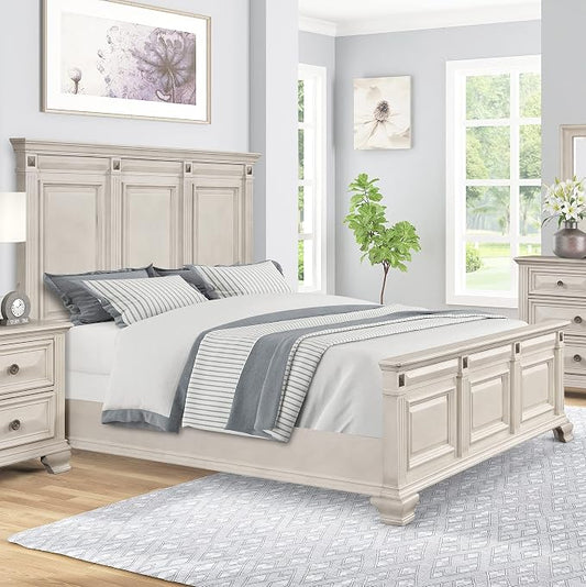 Roundhill Furniture Renova Distressed Parchment Wood Bedroom Set, Panel Bed, Dresser, Mirror, Nightstand, King
