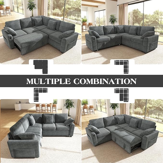 Ihanherry 83-inch 5-Seater Large Sectional Sofa Bed with Storage, Corduroy Reversible Modular Sleeper Sofa with USB Port & 4 Pillows, Convertible L-Shaped Couch for Living Room(Gray)