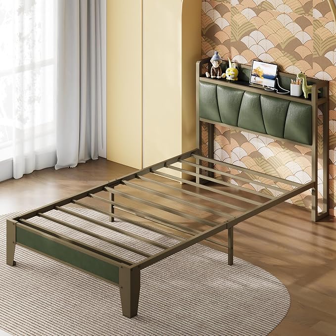 LIKIMIO Twin XL Bed Frame, Storage Headboard with Charging Station, Solid and Stable, Noise Free, No Box Spring Needed, Easy Assembly (Dark Green)