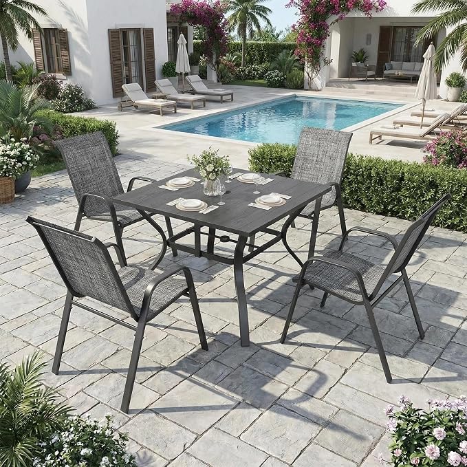 Outdoor Dining Set for 6,7pcs Patio Table and Chairs Set with Adjustable Umbrella Hole,Heavy Duty 63”x37.8” Metal Dining Table and Stackable Patio Chair for Yard, Garden, Porch