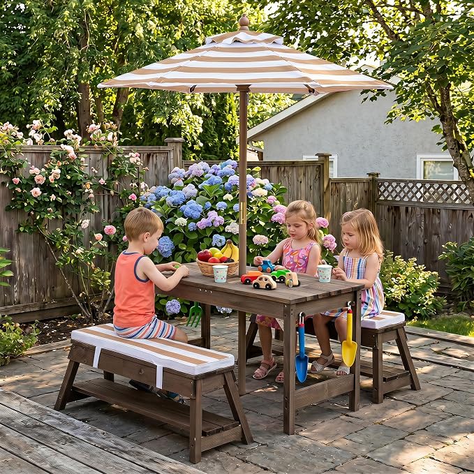 Costzon 4-in-1 Kids Picnic Table with Umbrella, Sand & Water Sensory Bins | Wooden Toddler Outdoor Table with Benches, Cushions, Cover, Gardening Tools, Kids Outdoor Furniture for Patio Backyard