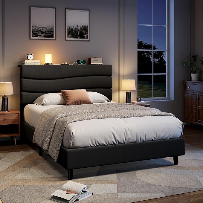 EnHomee Twin Size Bed Frame with Upholstered Headboard,Adjustable Height Platform Bed,Charging Station,No Box Spring Needed,Easy Assembly,Noise-Free Black
