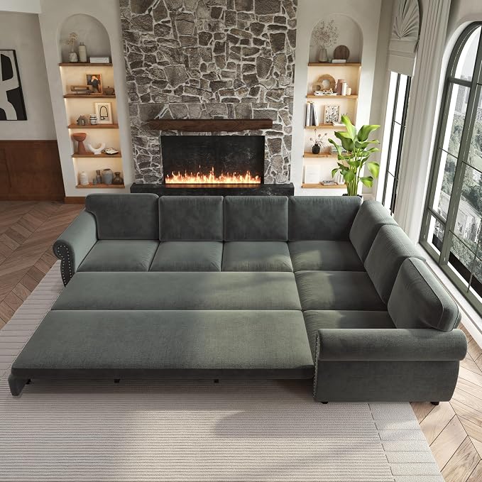 118" L-Shaped Sleeper Couch Bed - Oversize Convertible with Pull-Out Sofa Bed, Button Tufted Chesterfield Sofa, Chenille Sectional Vintage Couches for Living Room/Apartment(6-Seater, Dark Grey)