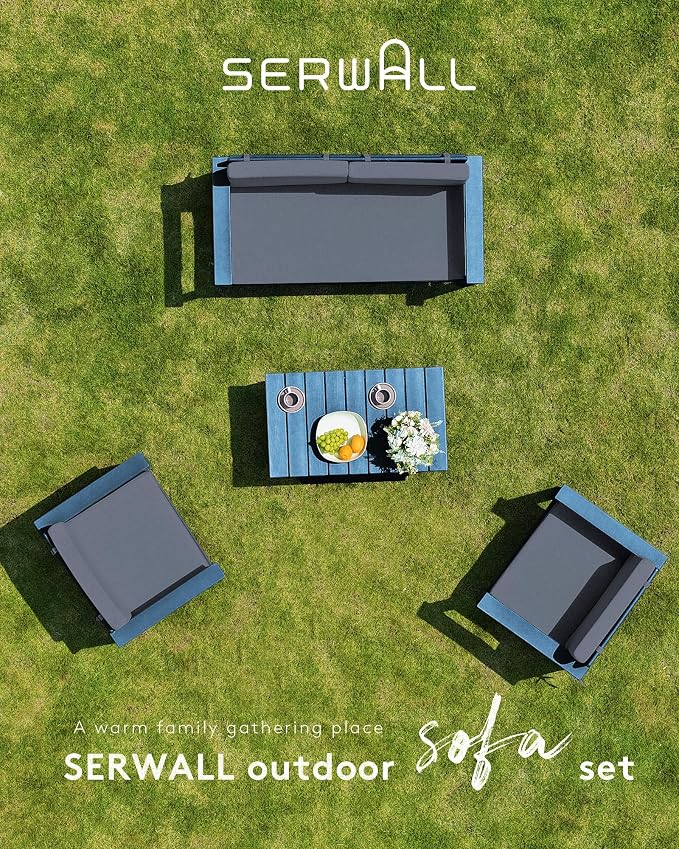 SERWALL 2 Pieces Single Cushioned Lounge Chair, Blue HDPE Outdoor Adirondack Sofa Armchair with Grey Cushion