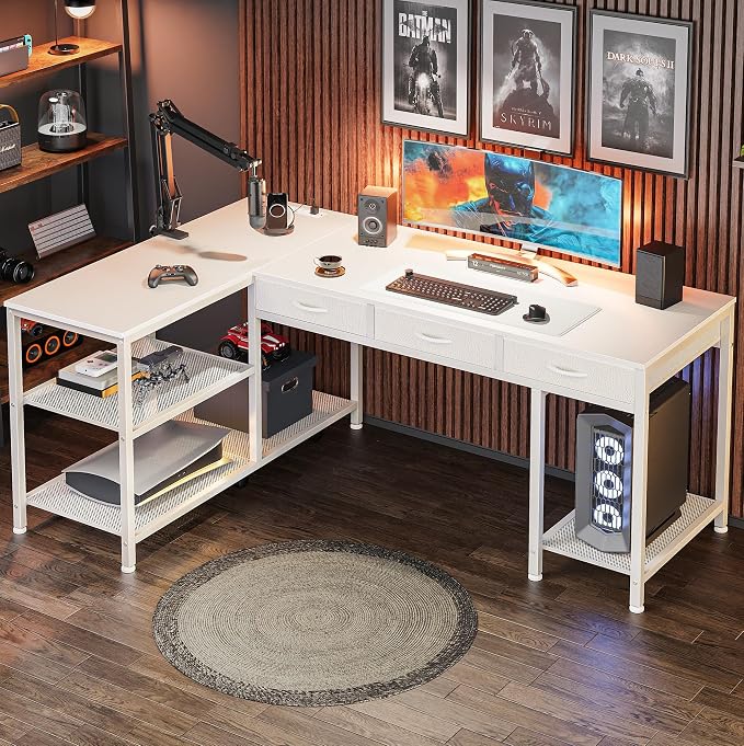 PRAISUN 55 Inch L Shaped Office Desk with Power Outlets and Type-C Port, Large Computer Gaming Desk with 3 Fabric Drawers, Mesh Shelves, Corner Study Work Writing Desk, White