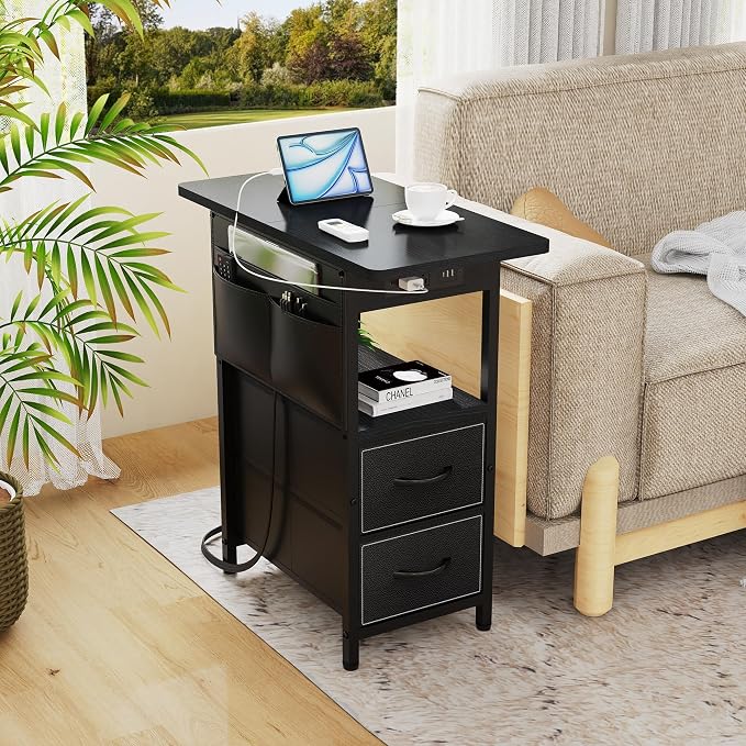 Yenlure Small Side Table with Charging Station, Narrow Nightstand Bedside Tables with Storage Pocket for Living Room Bedroom, Sofa End Table with USB Ports and Power Outlets for Small Spaces