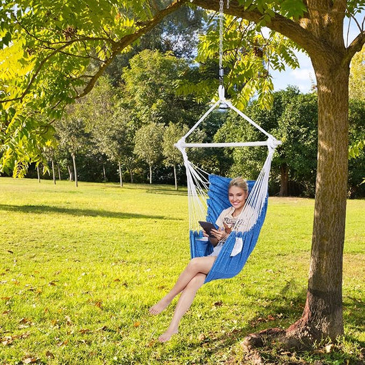 Backyard Expressions Hanging Hammock Chair Swing with Cushions & Hanging Kit – 500 lb Capacity, Cotton Blend Fabric, for Indoor/Outdoor Use – Includes Chain, Hooks & Spring – 5 Colors
