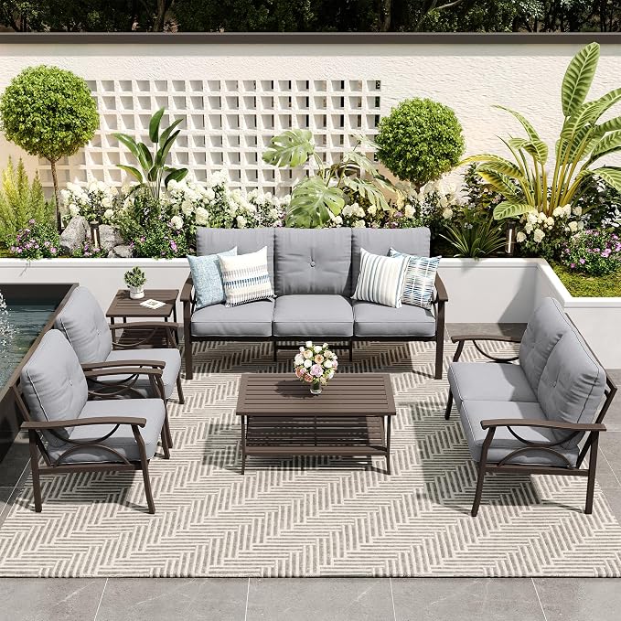 FansaFurn 6-Pieces Outdoor Patio Furniture Set, Outdoor Metal Sectional Furniture with Cushions, Outdoor Conversation Seating Set with Coffee Table for Garden, Balcony, Deck, Backyard, Grey