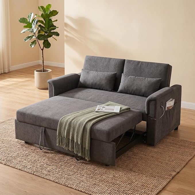 Sofa Bed, Pull Out Couch with Side Pockets, 3 in 1 Velvet Loveseat Sleeper Sofas Beds with USB Ports, Sofa Bed Couch with Adjustable Backrest for Living Room, Bedroom, Apartment, Gray