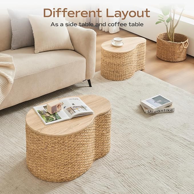 Cloud Nesting Coffee Table Set of 2 with Storage - Handwoven Wicker Rattan Ottoman Style, Boho Coastal Coffee Tables for Living Room, Rattan Coffee Table with Cover & Soild Wood Frame