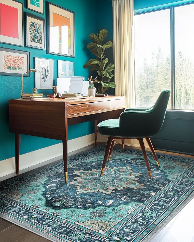 RELEANY Area Rugs 5'x8' Washable Non-Slip, Floral Vintage Distress Medallion Carpet for Living Room Bedroom Dining Room, Teal Green Lake Blue Turquoise