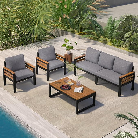 VilroCaz 4-Piece Outdoor Patio Furniture Sectional Sofa Set with Acacia Wood Armrests, All-Weather Conversation Set with Removable Cushion and Solid Wood Coffee Table for Garden Backyard (Grey-TH)