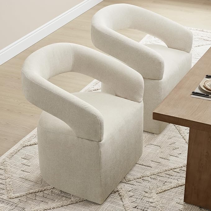 KISLOT Upholstered Dining Chairs Set of 1, Modern Rolling Dining Chairs with Hidden Casters, Arm Kitchen Chairs with Linen Look Fabric, Padded Barrel Chairs for Dining Room, Kitchen, Cream Beige