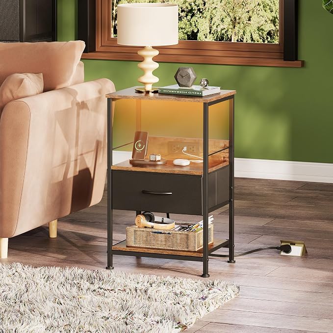 WLIVE Night Stand with Charging Station, LED Nightstand with Fabric Drawer and Open Shelf, Small Bedside Table for Bedroom, Dorm, Small Space, Black and Rustic Brown