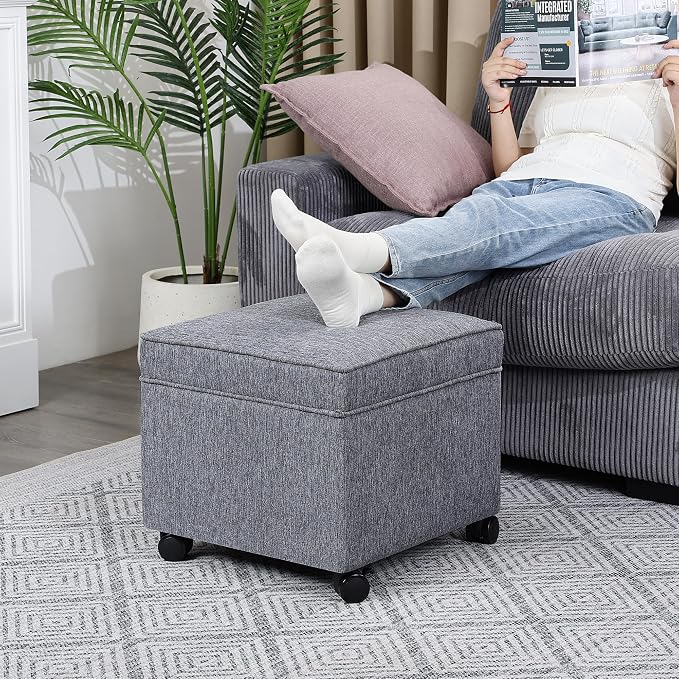 Adeco 17.5 Inch Square Storage Ottoman with Wheels, Modern Linen Upholstered Footrest Stool & Coffee Table with Flip Top Lid, Rolling Footstool for Living Room & Bedroom, Grey