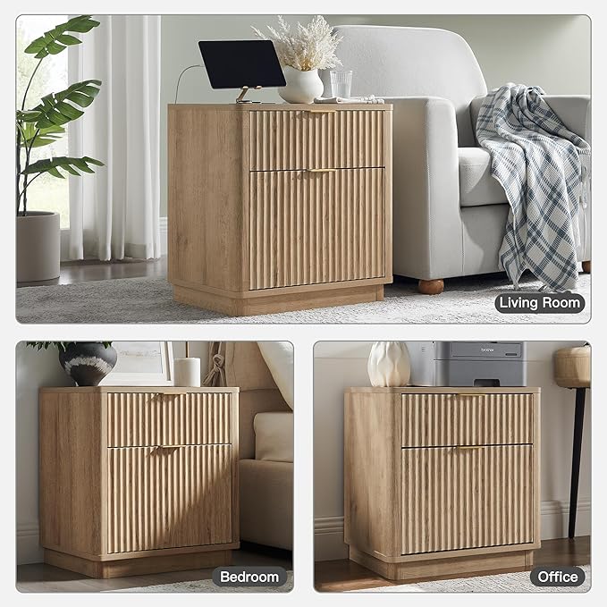 T4TREAM 23'' Fluted Nightstand Set of 2 with Charging Station, Large 2 Drawer Side Table, Modern End Table with Storage, Mid Century Bedside Table for Bedroom, Living Room, Curved Profile, Natural Oak