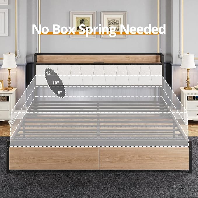 LIKIMIO California King Size Bed Frame with 2 Drawers and Charging Station | Platform Bed with Upholstered Storage Headboard, No Box Spring Needed, Easy Assembly, Sturdy, Wood and Cream